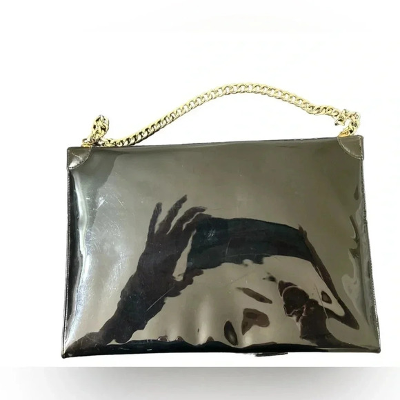 Vintage Crown Lewis black patent leather clutch with gold shoulder chain - Picture 2 of 5